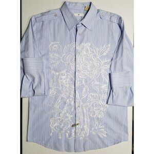 Twice Western Button Up Long Sleeve Blue Striped Embroidered Shirt Men's Large